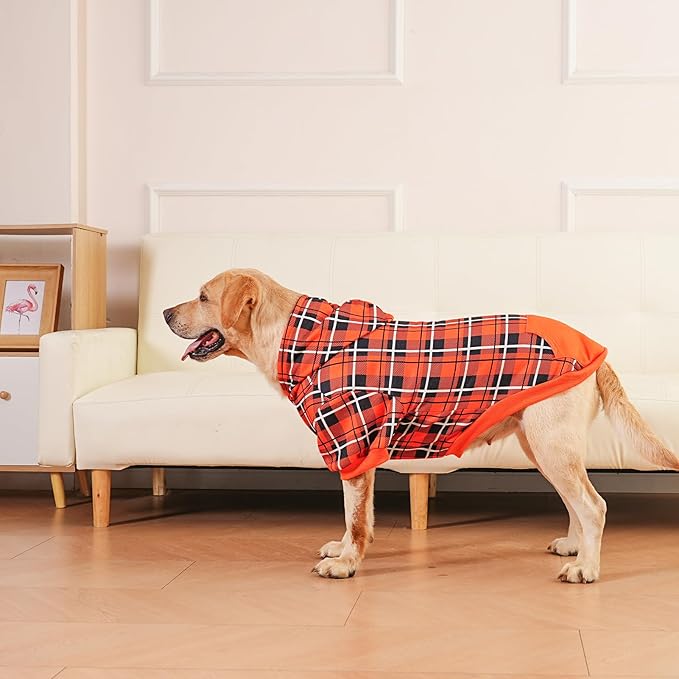 EXPAWLORER Plaid Dog Hoodie - British Style Warm Dog Sweater Shirt with Leash Hole,Pitbull Clothes Outfits,Winter Coat Apparel for All Breeds Puppy Girl Boy-Cat Apparel,Orange Large