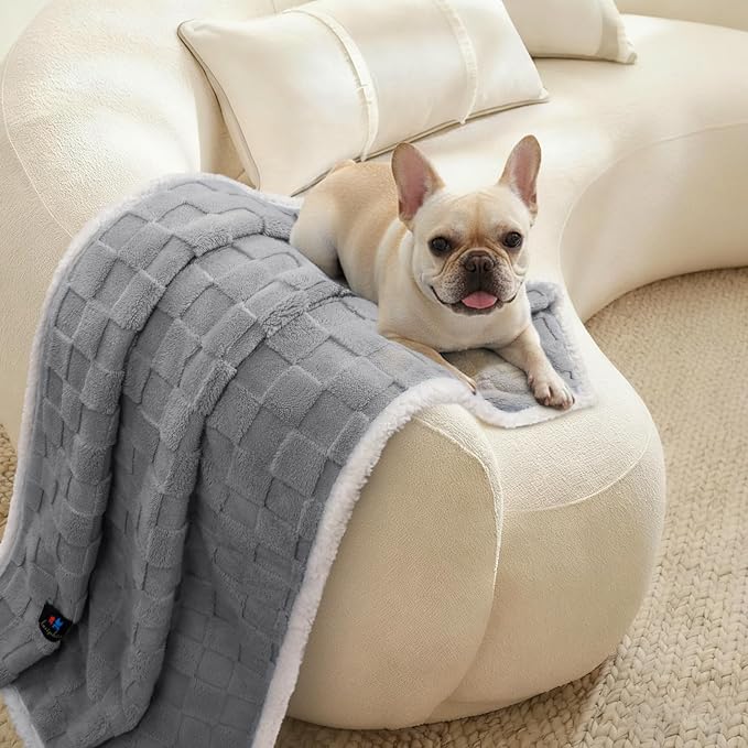 Luciphia Waterproof Dog Blanket for Large Dogs Washable Soft Sherpa Fleece Cat Blankets with 3D Jacquard Cozy Calming Reversible Bed Couch Protector Furniture Protection for Pet, Gray White,65x57 inch