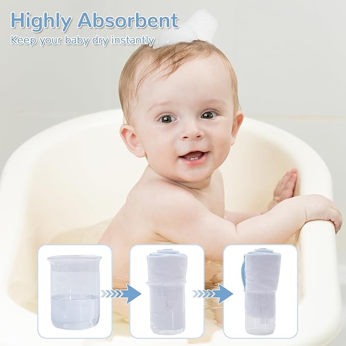 Viviland 6 Pcs Hooded Baby Towels and Washcloths Set, Super Gentle Bath Towels for Newborn Face & Body, Absorbent Wash Cloth for Infants Boys, Blue-Elephant Pattern, 28 x 28 inch