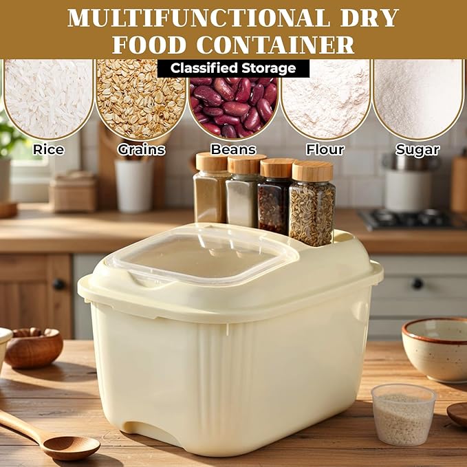 4 Pack Sugar Storage Containers Flour Bin with Wheels Large Pet Dog Food Storage Boxes Measuring Cup Sealed Transparent Flip Lid Portable Household Rice Container Set (Yellow,20 Lbs)