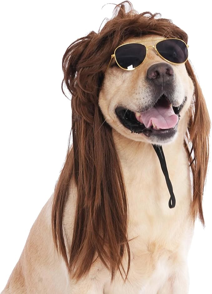 Dog Mullet Wig and Punk Sunglasses,Retro 70s 80s Disco Rock Star Halloween Party Costume Outfit for Medium Large Dogs,Curly Fancy Pet Brown Long Wig (Brown, One Size)