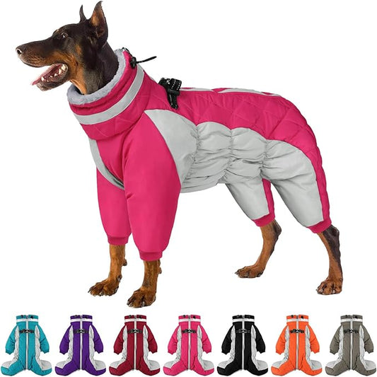 SUNFURA Full Body Dog Coat - Warm Fleece Jacket for Medium Dogs, Turtleneck Winter Coats with Harness, Reflective Dog Snowsuit Windproof Puffer Jackets with Legs for Boston Terrier, Hot Pink M