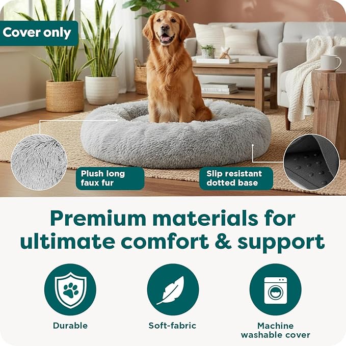 FurHaven Replacement Dog Bed Cover, Long Faux Fur for Calming Cuddlers, Machine Washable, Customizable Filling, Jumbo XL, Faux Fur, Misty Gray