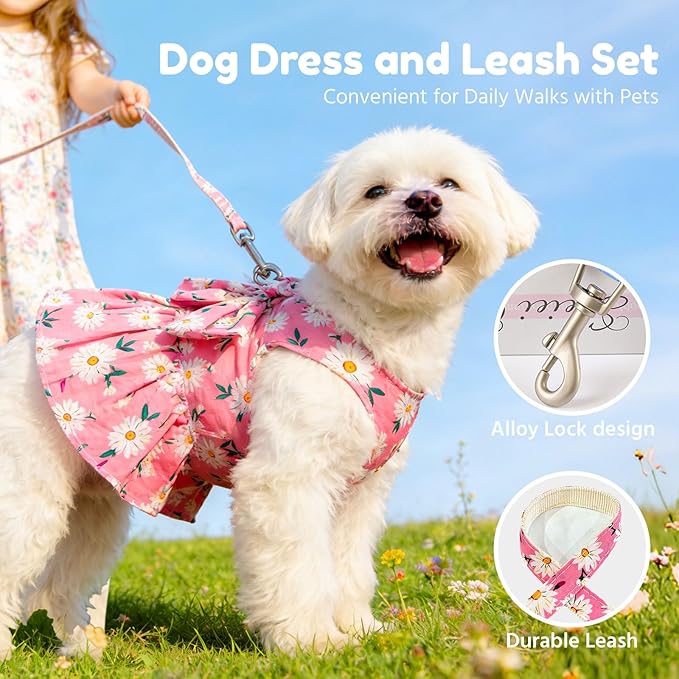 BAEJMJK Dog Dress Bowknot Harness Leash Set for Small Dogs Cats Daisy Floral Girl Dog Dresses Cute Puppy Princess Clothes Pet Doggy Outfits Spring Summer Breathable Dresses(Pink,Small)