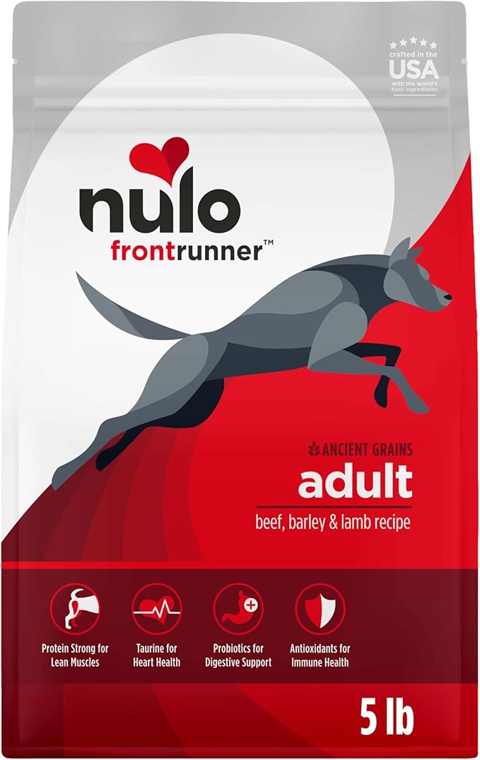 Nulo Frontrunner Dry Dog Food - Adult High-Protein Beef, Barley & Lamb Recipe, Natural Kibble with Ancient Grains, Probiotics, Taurine, Omega 3 for Small, Medium and Large Breeds, 5lb Bag