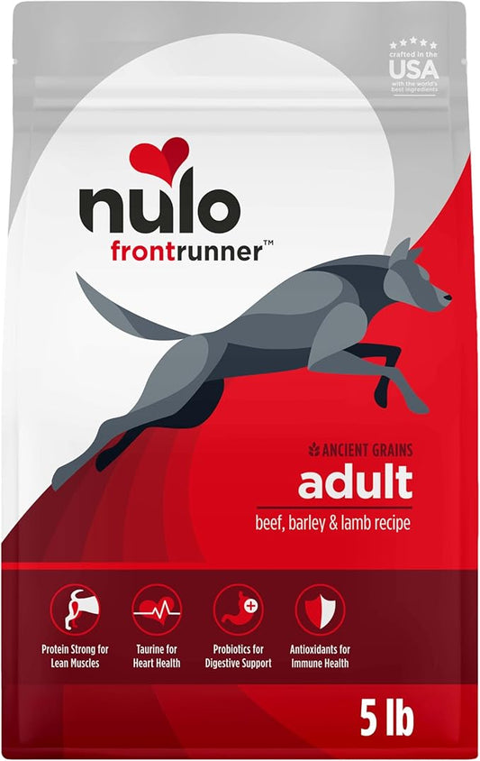 Nulo Frontrunner Dry Dog Food - Adult High-Protein Beef, Barley & Lamb Recipe, Natural Kibble with Ancient Grains, Probiotics, Taurine, Omega 3 for Small, Medium and Large Breeds, 5lb Bag