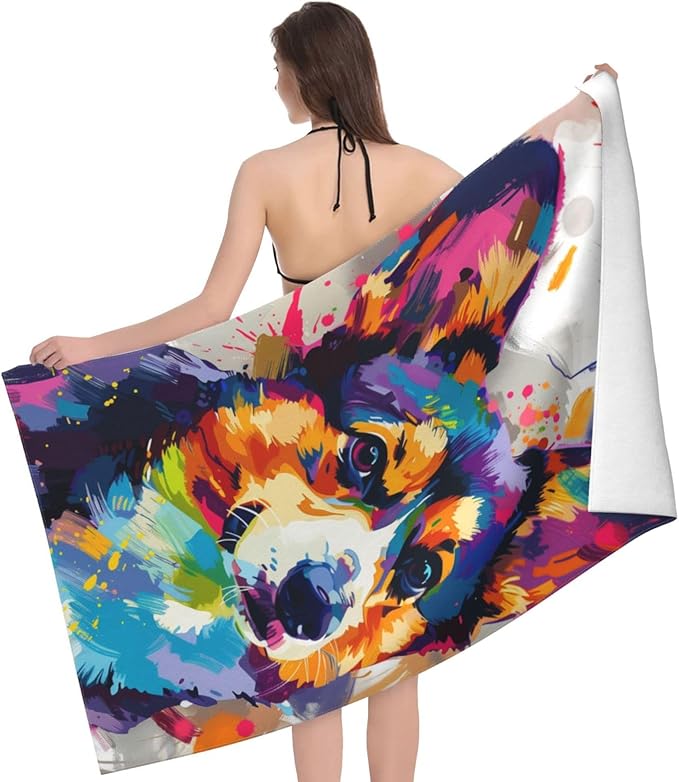 Colorful Corgi Beach Towel,32x52in Microfiber Quick Dry Vibrant Dog Abstract Pet Puppy Bath Towels,Soft Lightweight Oversized Sand Free,for Travel Pool Swimming Gym Decor,Gifts