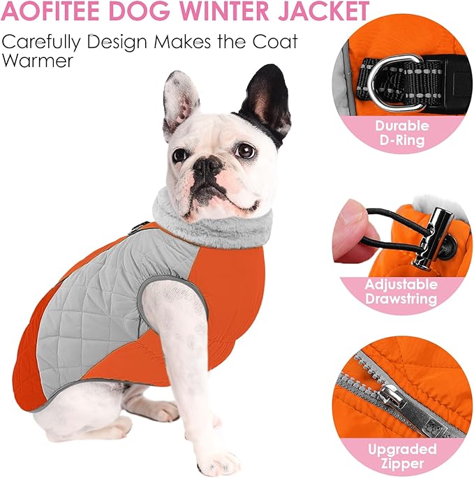 AOFITEE Dog Coat, Dog Winter Jacket, Reflective Dogs Jacket with Harness Built in and Fleece Lined, Waterproof Pet Winter Jacket Puffer Jacket for Small Medium Large Dogs, Orange XL