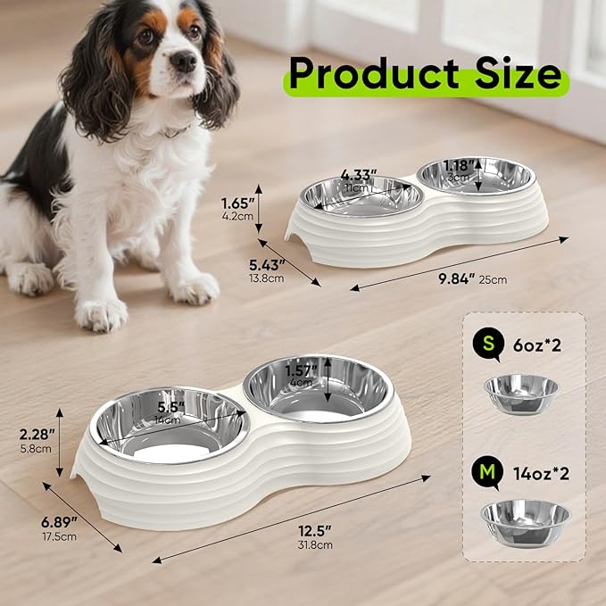 Stainless Steel Dog Bowls Set, Double Food & Water Bowls for Dogs, Dual Dog Food Bowl with 2 Small (6oz*2) Bowl, Non-Slip Pet Bowls Suitable for Puppies, Kittens and Small Breed Dogs (White)