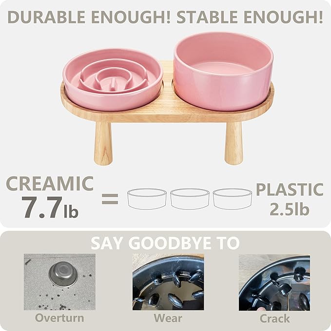 Ceramic Slow Feeder and Water Bowl Set for Medium and Large Dogs, 8.0 Inches Ceramic Dog Bowls Elevated with Wooden Stand, 2.0 Cups Dog Slow Feeder(30oz) and 70oz Water Bowl Set, Pink