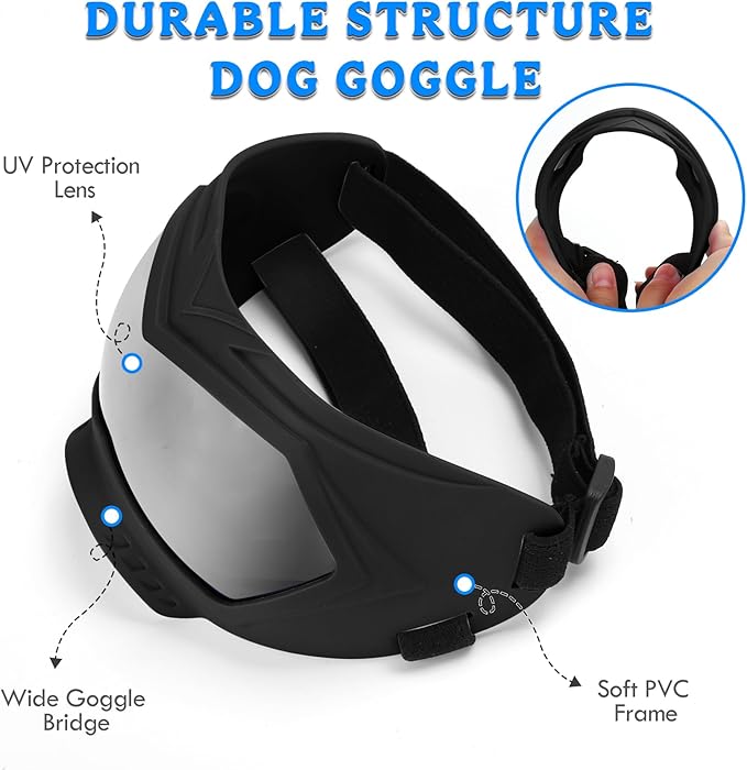Large Dog Sunglasses Dog Goggles Pet Glasses Pet Eyewear with Adjustable Strap, Glasses for Medium Large Dog Swimming Skating Glasses Windproof Dustproof UV Proof (Black-Silver)