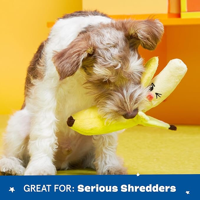 Barkbox Dog Toy 2 in 1 Interactive, Plush Exterior with Squeaker & Crinkle Material, Tearable Dog Toy with Squeaky Spikey Ball Inside, Ideal for Toy Destroyers - Go Bananas, Small