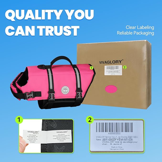 VIVAGLORY Rip Stop Dog Life Vest, Swimming Vest with Handle, Buoyancy for Doggy Puppy, Dog Life Jacket for Swimming & Boating, XL, Pink