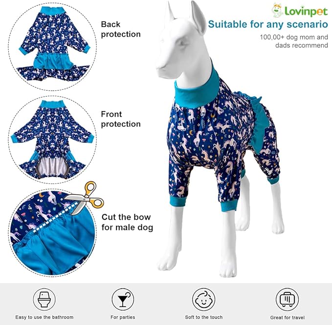 LovinPet Large Dog Pjs - Unicorn Dog Shirt, Post Surgery Recovery Onesie, Mermaids & Unicorns Blue/White Print, Lightweight Pullover Large Puppy Pajamas, Pet Pajamas for Dogs, Blue 3XL