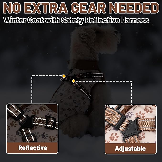 Dog Winter Coat for Small & Medium Dogs, Waterproof Dog Coat with Harness, Puppies Windproof Puppy Puffer Jacket, Snowsuit for Dachshund, Frenchie, Corgi (Paw Brown,M)