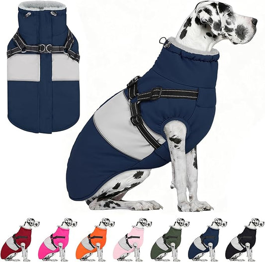 AOFITEE Dog Coat, Large Dog Jacket, Dogs Coat with Harness Built in, Reflective Waterproof Dogs Jackets Winter with Furry Collar, Warm Polar Fleece Pet Sweater Snowsuit for Doberman, Great Dane XXXL