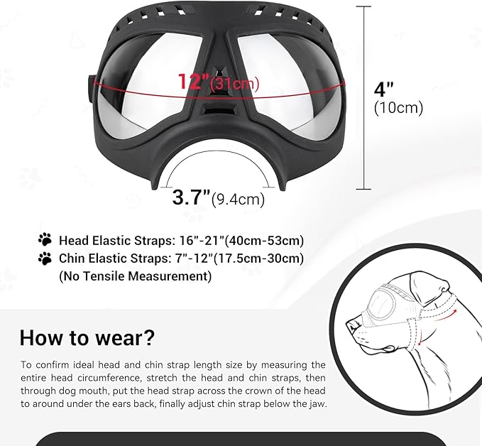 PETLESO Large Dog Goggles, Windproof Snowproof Anti-UV Dog Sunglasses for Medium to Large Breed Eye Protection, Soft Frame with Adjustable Straps, Black