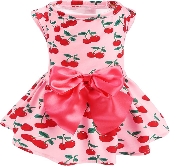 PUPTECK Print Dog Dress Pet Apparel with Cute Bowtie Puppy Clothes Outfit, Cherry, S