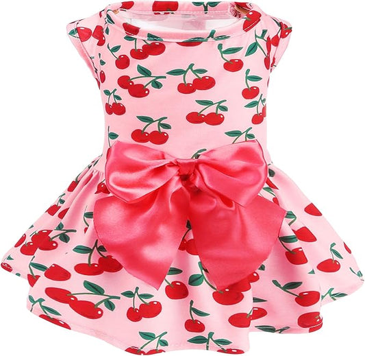 PUPTECK Print Dog Dress Pet Apparel with Cute Bowtie Puppy Clothes Outfit, Cherry, S