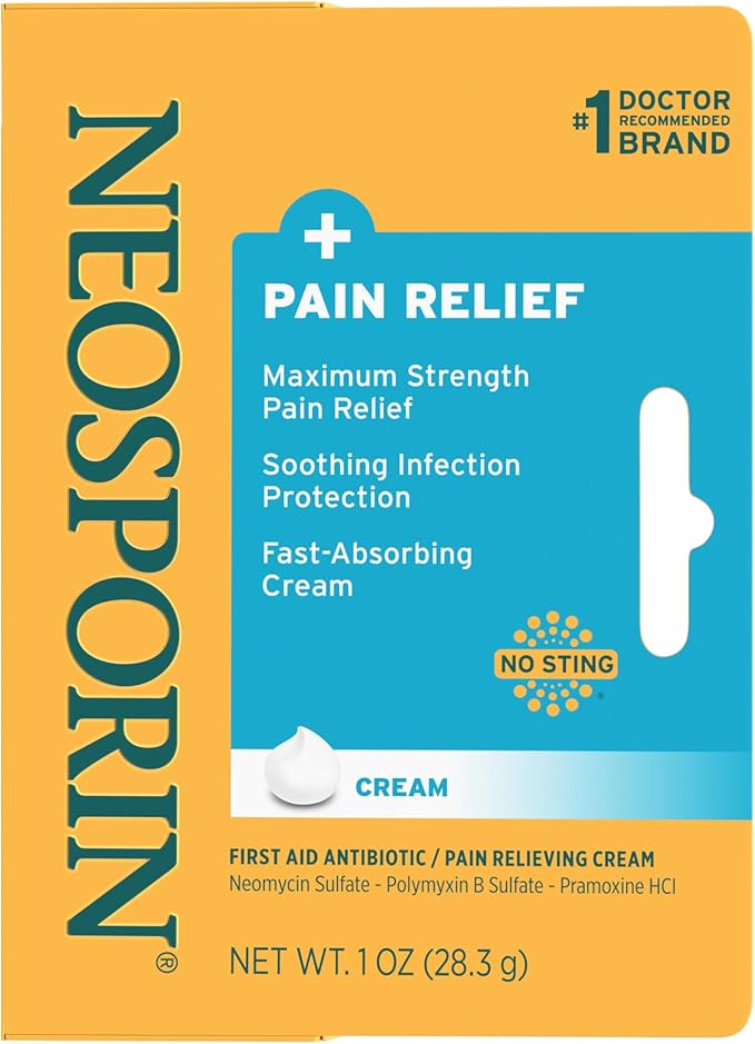 Neosporin + Maximum-Strength Pain Relief Dual Action Cream, First Aid Topical Antibiotic and Analgesic Cream for Soothing Infection Protection & Wound Care of Minor Cuts, Scrapes & Burns, 1 oz