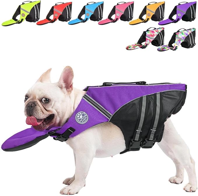 Dog Life Jacket, French Bulldog Life Vest for Swimming Boating, Dog Swim Vest with Chin Float and Rescue Handle, High Flotation Puppy Life Jackets (Chest Girth: 17" to 30", Weight: 17" to 28" LB)