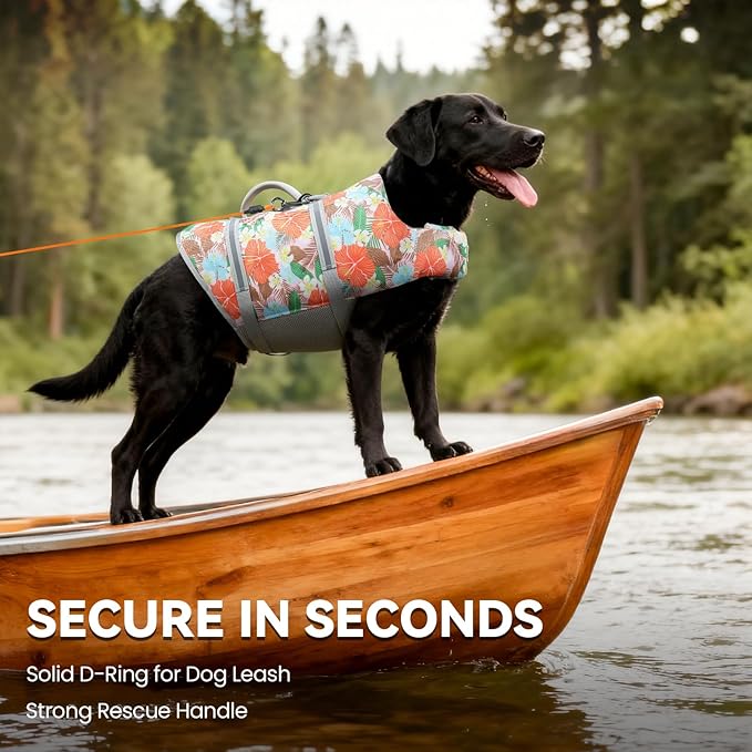 VIVAGLORY Rip Stop Dog Life Vest, Swimming Vest with Handle, Buoyancy for Doggy Puppy, Dog Life Jacket for Swimming & Boating, XL, Floral Orange