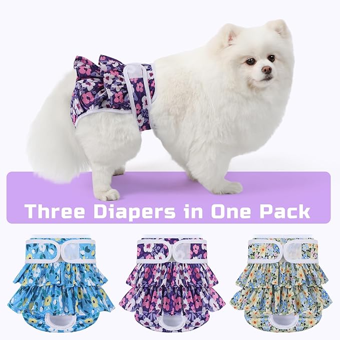 Reusable Dog Diapers Female 3 Pack Doggie Diapers for Period Heat Incontinence Puppy Training (Small, PurpleFlower)