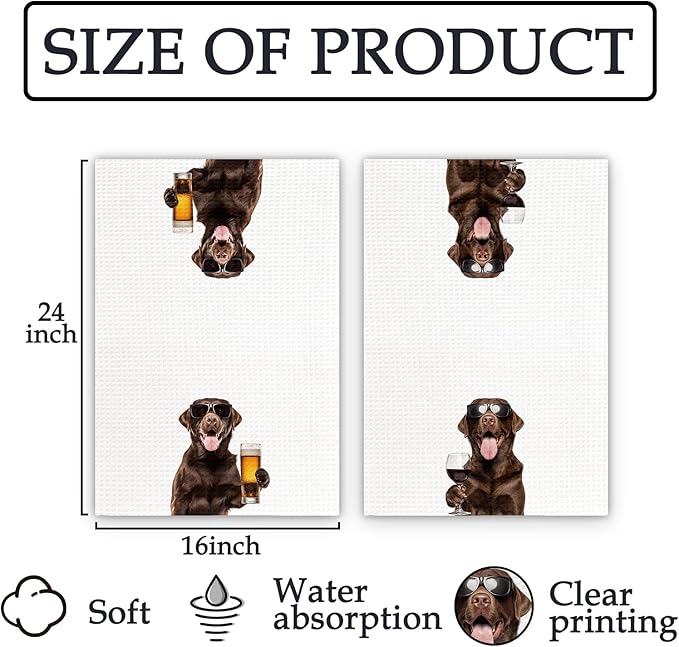 Chocolate Lab Gifts Wine Kitchen Towels Set of 2, Funny Chocolate Labrador Retriever Wine Lover Decorative Hand Dish Towel for Kitchen Home Bar, Gifts for Beer Lovers Home Bar Decor(16x24Inch)