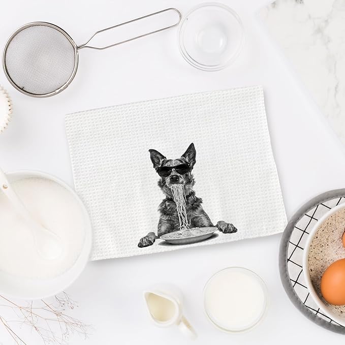 Blue Heeler Gifts Wine Kitchen Towels Set of 2, Funny Dog Eating Pasta Decorative Hand Dish Towel for Kitchen Home Bar, Gift for Australian Cattle Dog Wine Lovers Home Bar Decor(16x24Inch)