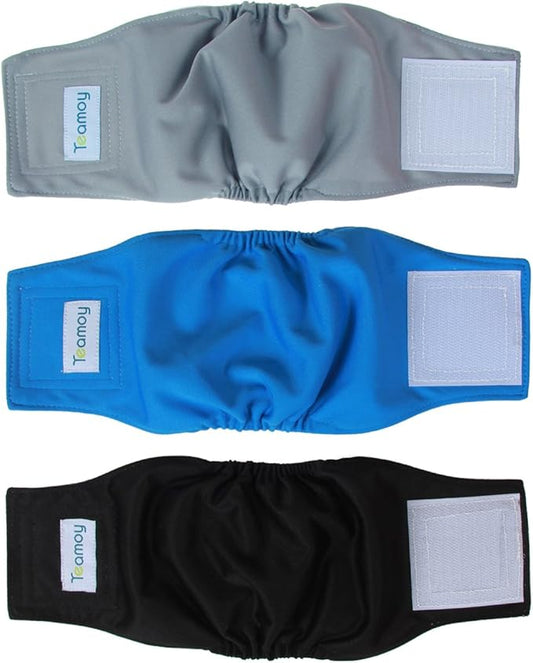 Teamoy Reusable Wrap Diapers for Male Dogs, Washable Puppy Belly Band Pack of 3 (XS, 7"-9" Waist, Black+ Gray+ Lake Blue)