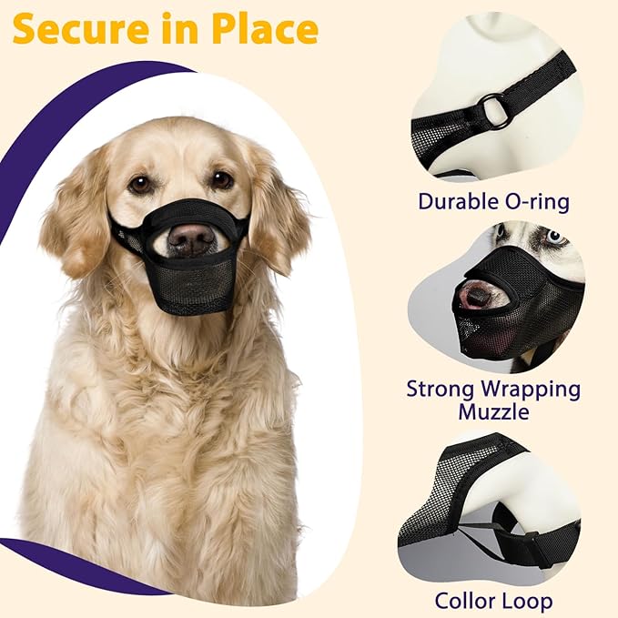 LUCKYPAW Dog Muzzle, Patented Mesh Muzzle for Large Medium Small Dogs Allows Full Pant Drinking Mouth Cover to Prevent Biting Chewing Scavenging Adjustable Breathable Mouth Guard(Black,XXL)