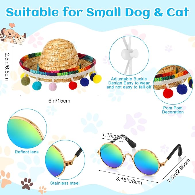 JaGely 3 Pcs Mexican Dog Costume Multicolor Cinco De Mayo Fiesta Cat Bandana with Pom Poms Porch Goose Outfits Mini Sombrero Mexican Hats Retro Pet Sunglasses Costume Accessories for Small Dog and Cat