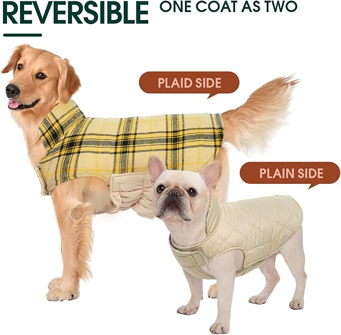 Kuoser Waterproof Dog Coat, Reversible Dog Jacket for Medium Dogs, Adjustable Durable Doggie Winter Coat Warm Puppy Cold Weather Apparel from Small to Large Breed, Yellow M