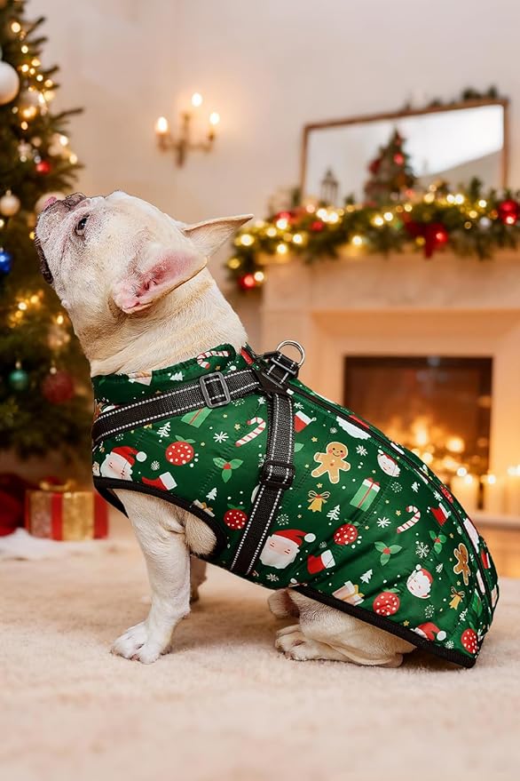 Aiboria Dog Jackets for Winter Windproof Waterproof Vest Fleece Warm Dogs Coat with Belt Christmas Green 3XL