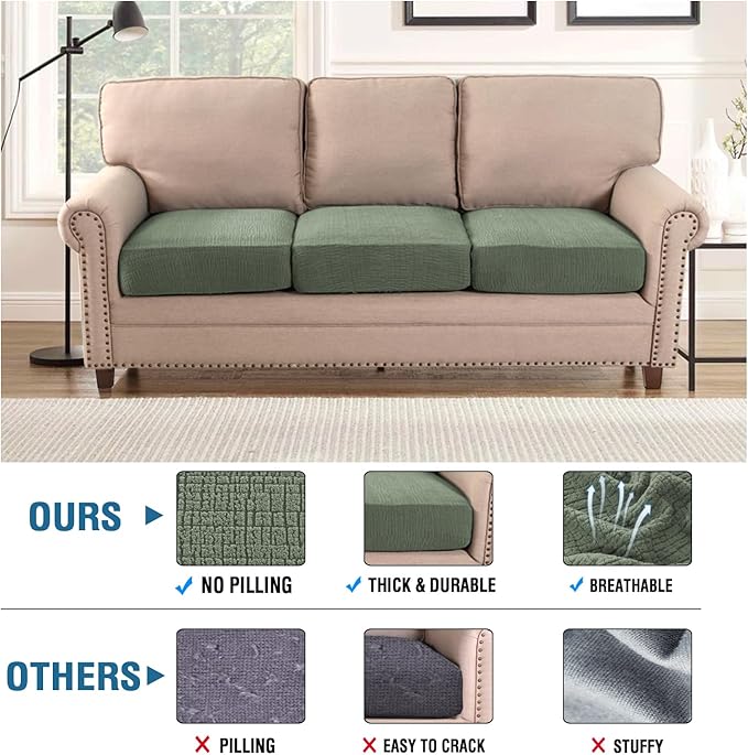 H.VERSAILTEX Jacquard Cushion Covers High Stretch Sofa Covers for 3 Cushion Couch Furniture Protector Spandex Anti-Slip Soft Thickened Slipcovers Crizzle Pattern(3 Seat Covers, Sea Grass)