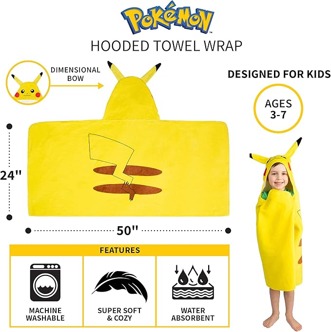 Franco Pokemon Pikachu Bath and Beach Soft Cotton Terry Hooded Towel Wrap,24" x 50" Kids,(Pack of 2)