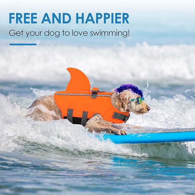 SUNFURA Dog Life Jacket Shark Life Vest for Dogs, Adjustable Swmming Vest with High Buoyancy, Safety Lifesaver with Rescue Handle for French Bulldog Small Medium Breeds, Orange XS
