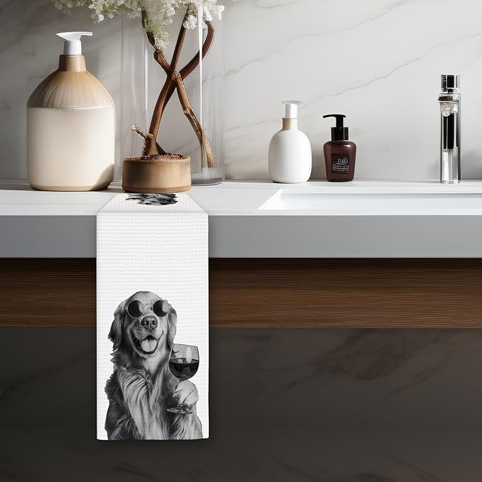Golden Retriever Gifts Wine Kitchen Towels, Gifts for Golden Retriever Dog Wine Lovers Decorative Hand Dish Towel for Kitchen Home Bar, Funny GoldenRetriever Dog Owners Home Bar Decor(16x24In)