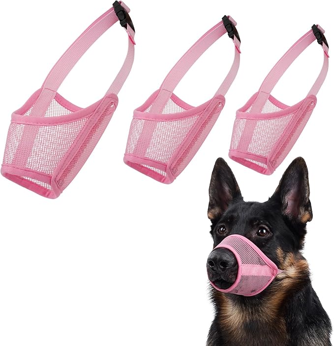 LUCKYPAW Dog Muzzle Suits for Small Medium Large Dogs, Mesh Muzzle Anti Biting Chewing, Breathable Mouth Cover Set with Adjustable Strap for Grooming Vet Visiting Training (Medium 3 PCS(M-XL), Pink)
