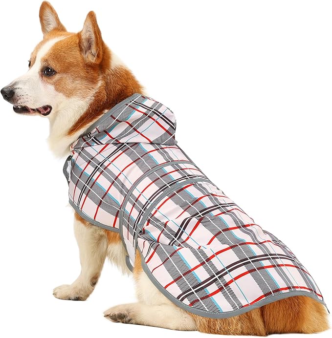 Dog Raincoat for Large Dogs Waterproof Jacket Hooded Rain Coats with Reflective Strips Leash Hole & Poncho Adjustable Fit (Plaid,L)
