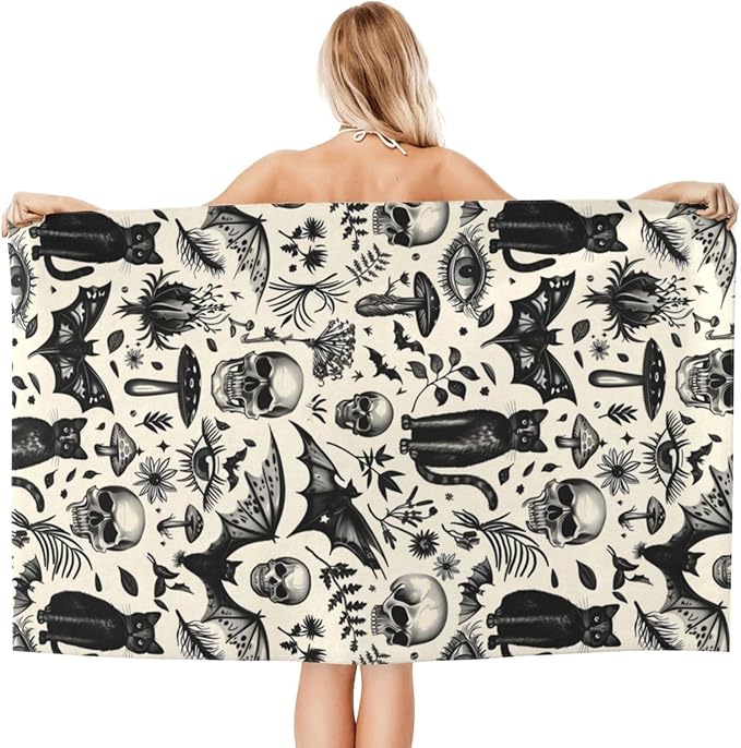 Gothic Retro Beach Towel,32x52in Microfiber Quick Dry Black Cat Skull Bat Mushroom Vintage Goth Bath Towels,Soft Lightweight Oversized Sand Free,for Travel Pool Swimming Decor