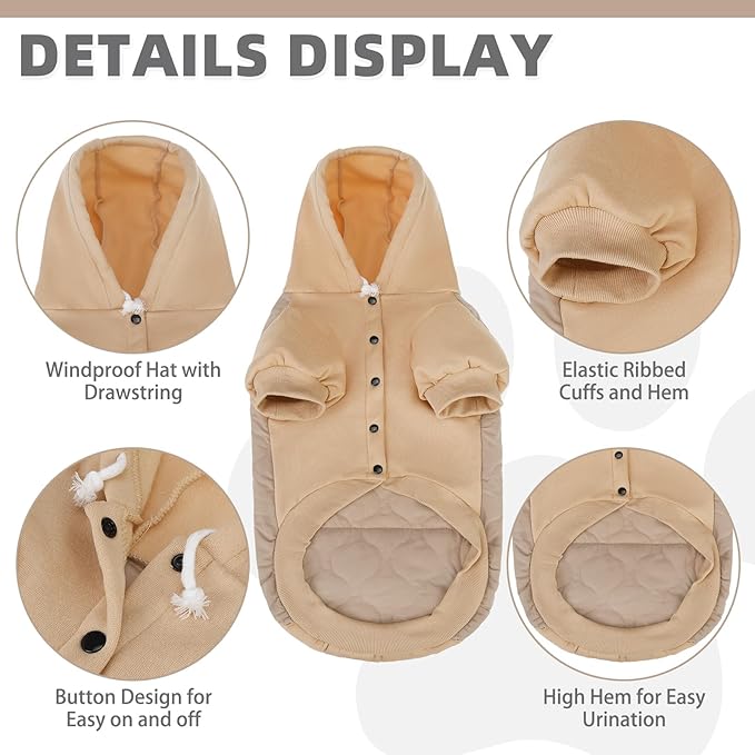 KOOLTAIL Warm Dog Winter Coat for Small Dogs, Waterproof Puppy Jacket with Leash Hole, Cold Weather Dog Vest for Winter, Soft Pet Hoodie Sweater Sweatshirt Clothes for Puppy Cats Girls Boys Beige S