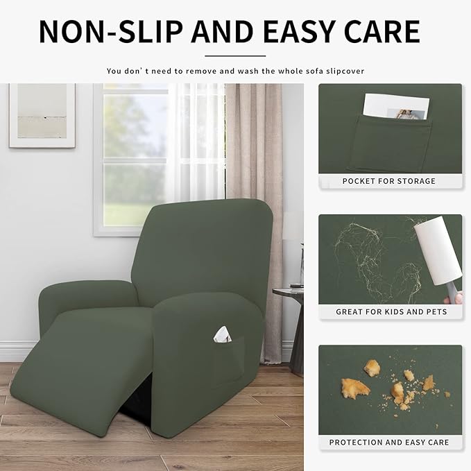 Easy-Going 4 Pieces 100% Dual Waterproof Recliner Cover Stretch Soft Couch Cover for Dogs, Sofa Slipcover for Recliner Couch Leakproof Furniture Protector for Kids, Pets Grayish Green