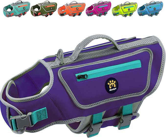 Dog Life Jacket for Small Dogs with High Buoyancy, Lightweight Dog Life Vest for Swimming Adjustable Reflective Dogs Floating Vest, Neoprene Rescue Handle Pet Life Preserver (Purple, XS)