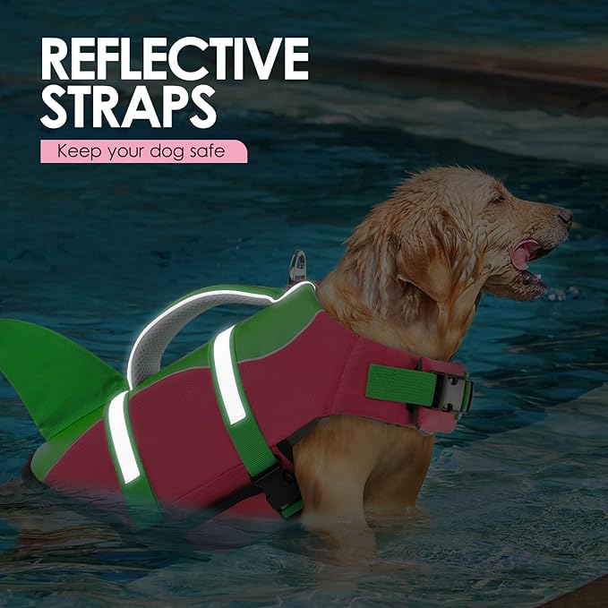AOFITEE Dog Life Jacket, Dog Life Vest for Swimming, Shark Dogs Swimming Vest with Rescue Handle and Reflective Stripe, Ripstop Pet Float Coat Swimsuit Lifesaver Small Medium Large Dogs Hot Pink XL