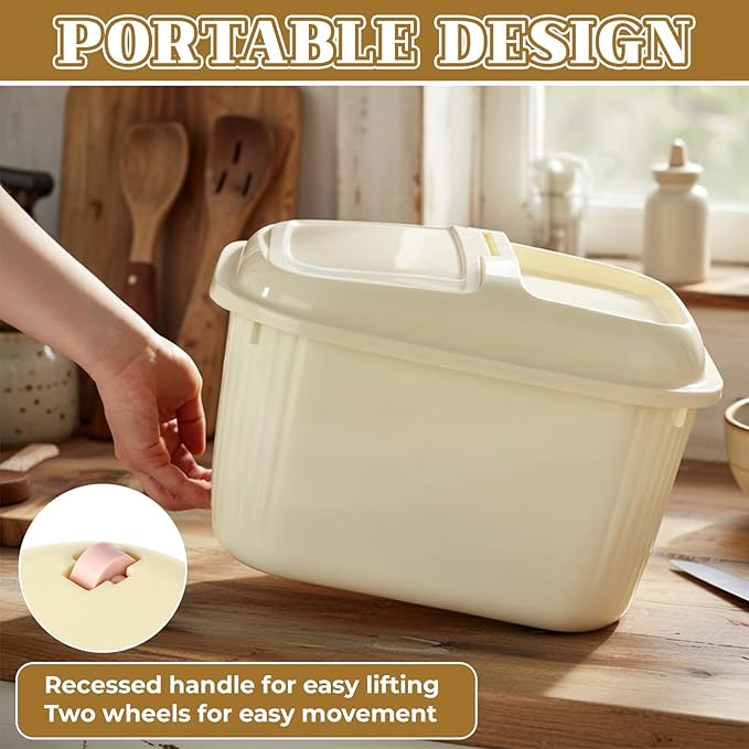 4 Pack Sugar Storage Containers Flour Bin with Wheels Large Pet Dog Food Storage Boxes Measuring Cup Sealed Transparent Flip Lid Portable Household Rice Container Set (Yellow,20 Lbs)