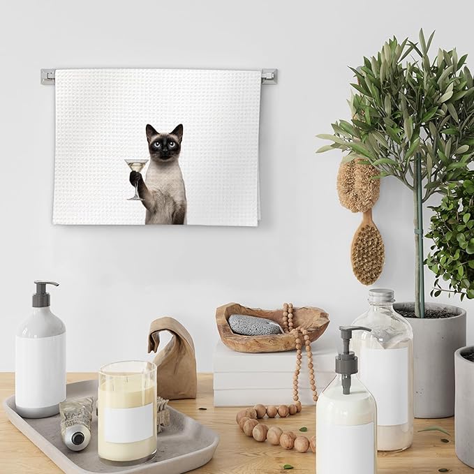 Siamese Cat Gifts Wine Kitchen Towels Set of 2, Funny Cats Martini Lover Decorative Hand Dish Towel for Kitchen Home Bar, Gift for Siamese Cat Martini Wine Lovers Home Bar Decor(16x24Inch)