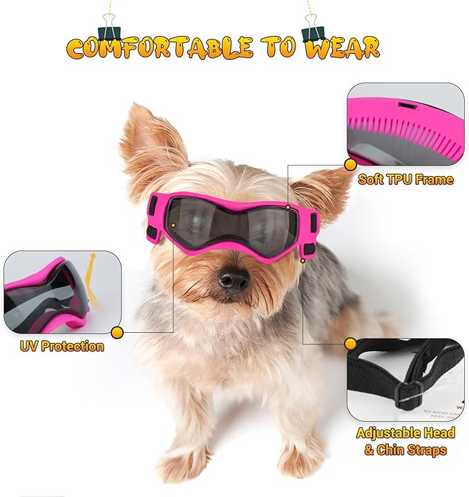 PETLESO Dog Goggles Small Breed, Dog Sunglasses UV Protection Puppy Eyewear for Small Pet Outdoor Riding Driving, Pink S