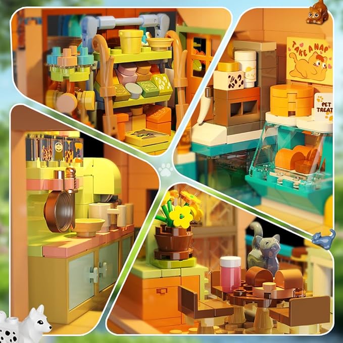 City Pet Shop Building Set with Lights, Cozy Pet Store Construction Toy with Cats Dogs, Cute Animal Store Miniature House Model Building Block Kit for Adults Kids Boys Girls Ages 8-12+