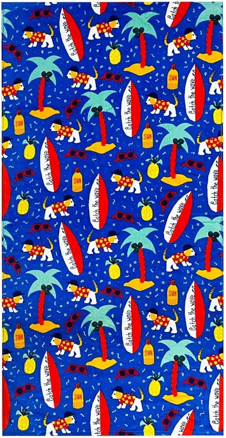 YIFONTIN Kids Beach Towel 100% Cotton Soft Absorbent Velour Throw Blanket 25.5X51 inches Gift for Bath Sports Swimming Pool Camping Picnic Holiday, Surfboard Puppy Coconut Pineapple Sunglasses.